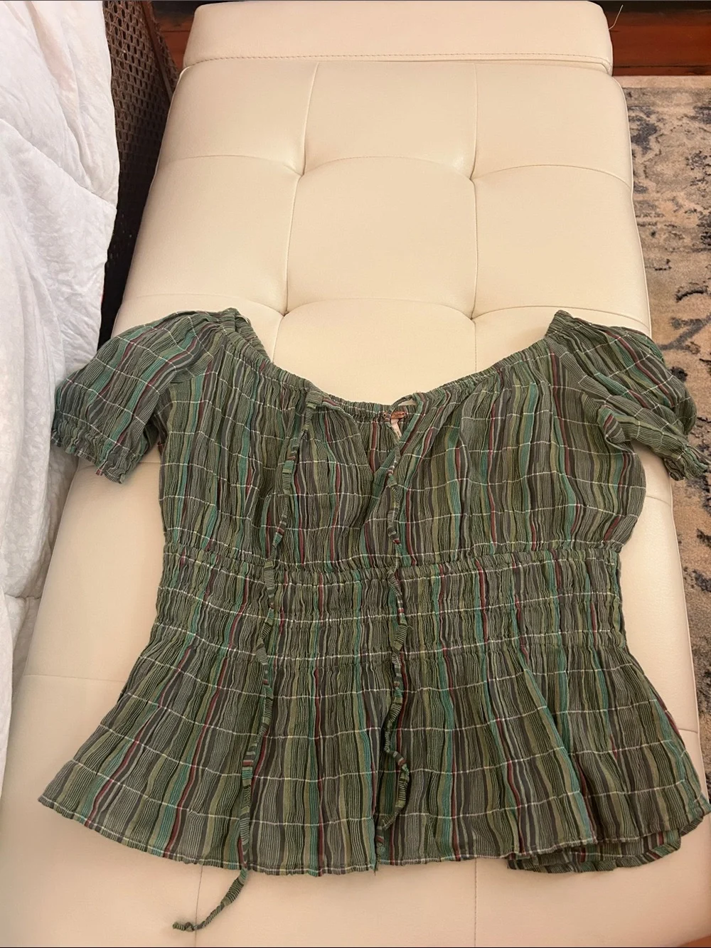Free People Green Plaid Smocked Off-Shoulder Blouse